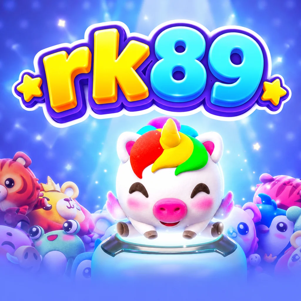 rk89 Plushie Frenzy dengan karakter boneka unikorn berambut pelangi di antara tumpukan boneka